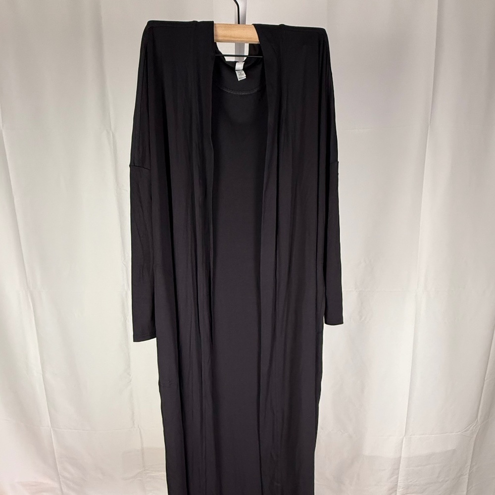 Athleta Modal Full Length Robe Black S/M Open Front Soft Pockets Lightweight - Picture 3 of 9